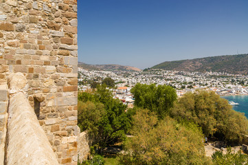 Fototapeta premium Sunny view of harbour from Castle of St. Peter, Bodrum, Mugla province, Turkey.