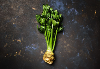 Root celery with green stems, dark background, top view