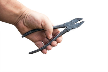 Old Pliers in a male hand isolated on white background