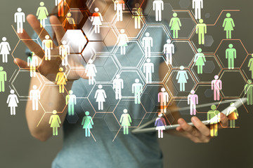  hand of businessman and social network on tech 