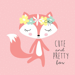 cute and pretty fox with floral wreath vector illustration