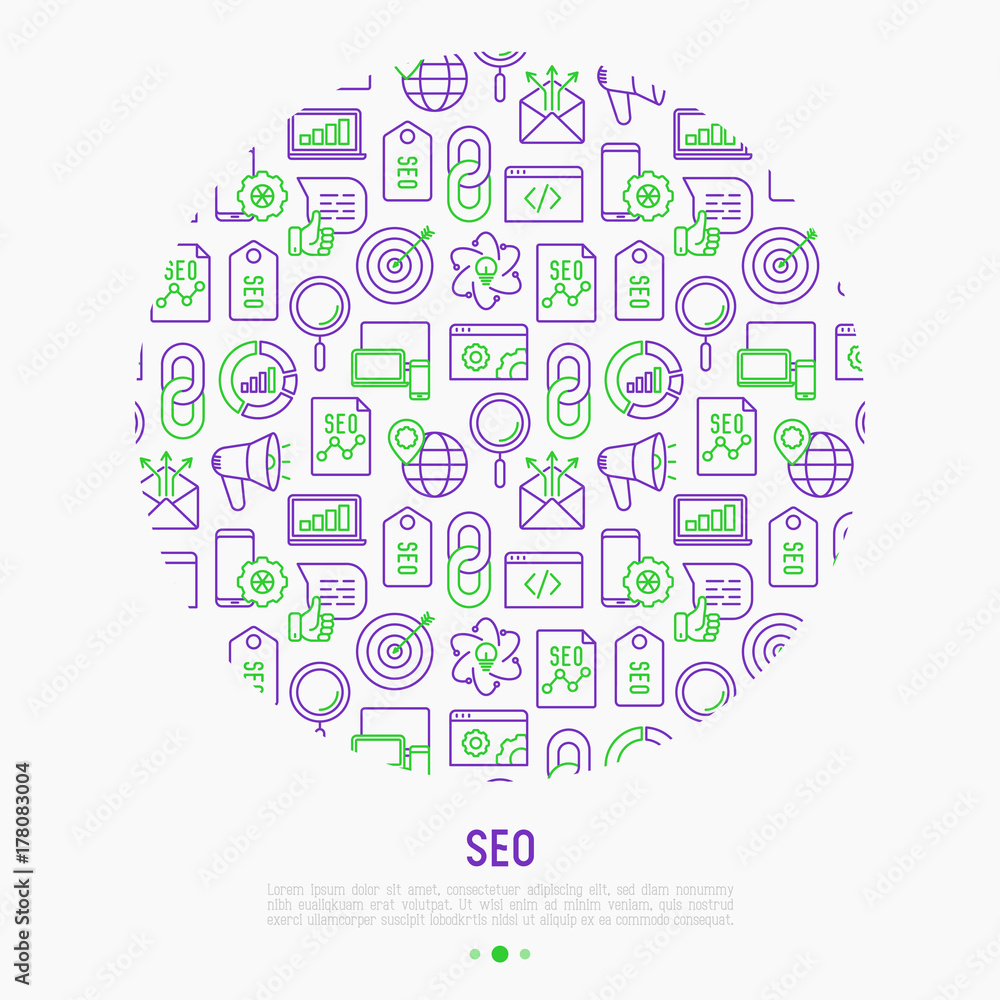 Poster seo and development concept in circle with thin line icons. vector illustration for banner, web page