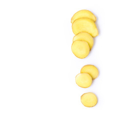 Fresh ginger with slices on white background for herb and medical product concept, top view