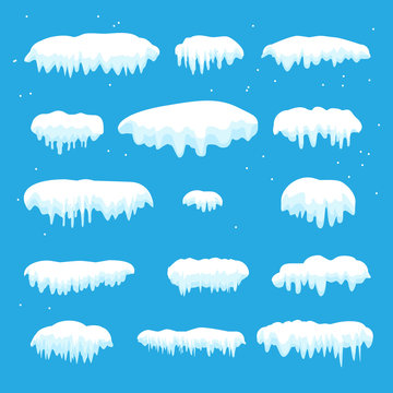 Snow caps, snowballs, snowdrifts, icy icicles set. Snow cap vector collection. Winter decoration element. Snowy elements on blue background. Cartoon template. Snowfall and snowflakes in motion Vector