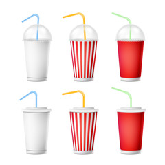 Soda Cup Template Vector. 3d Realistic Paper Disposable Cups Set For Beverages With Drinking Straw. Isolated On White Background. Packaging Illustration