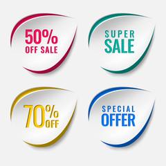Realistic sale discount sticker, icon, label, layout with text in different colors. Cut out of paper, cardboard in the form of a drop, a leaf on a white background. Easy, convenient for your design