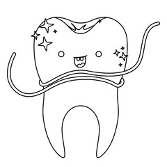 kawaii tooth with root and dental floss around in monochrome silhouette