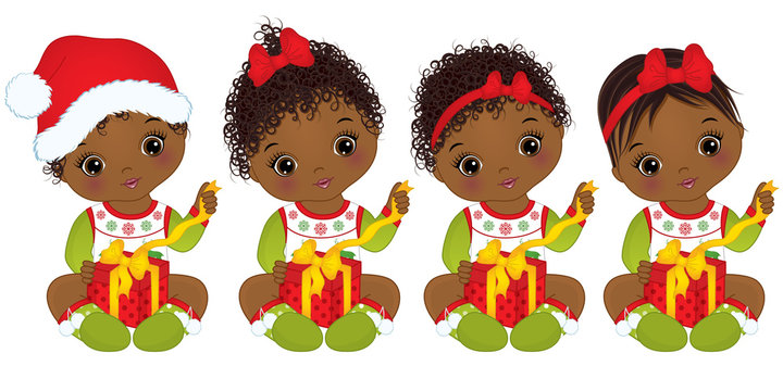 Vector Cute African American Baby Girl  Wearing Christmas Clothes