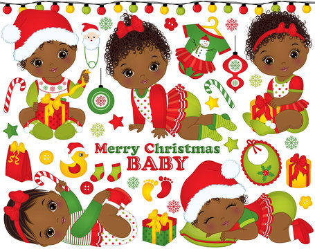 Vector Set with African American Baby Girls Wearing Christmas Clothes and Xmas Elements