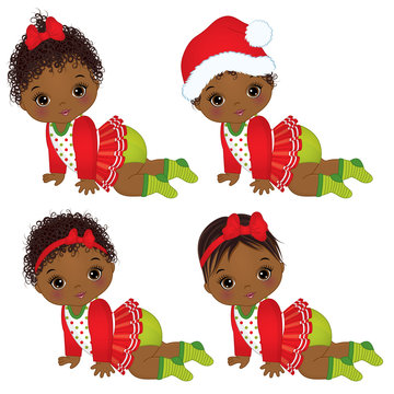 Vector Cute African American Baby Girls Wearing Christmas Clothes