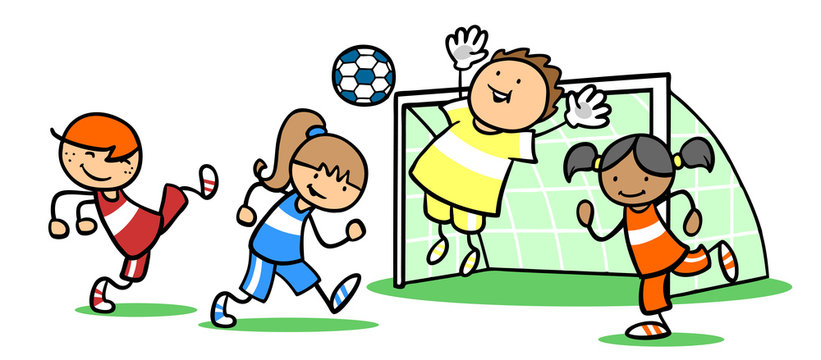 Mädchen und Jungen spielen zusammen Fußball