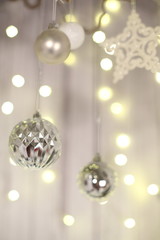 New Year decorations, Christmas tree, garlands and balls home cosiness