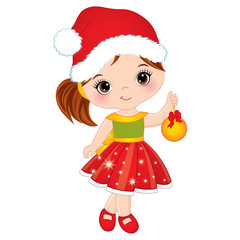 Vector Cute Little Girl Wearing Santa Hat 