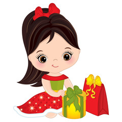 Vector Cute Little Girl with Christmas Gift Boxes