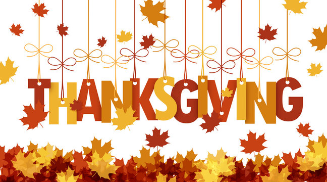 HAPPY THANKSGIVING banner with autumn leaves