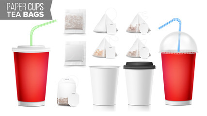 Take-out Ocher Paper Cups, Tea Bags Mock Up Vector. Big Small Coffee Cup. Cola, Soft Drinks Cup Template. Tube Straw. 3D Cardboard Object. Isolated Illustration