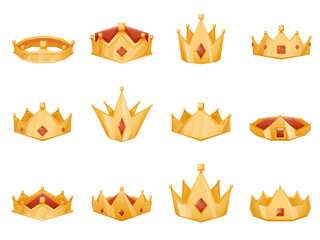 Polygonal royal crown head power 3d cartoon icons set isolated vector illustration
