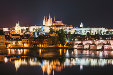 Fototapeta na wymiar Night view of historical center of Prague with castle, Hradcany, Czech Republic