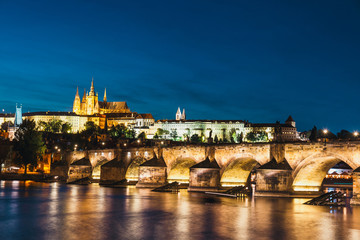 view of historical center of Prague durin beautiful sunset with castle, Hradcany, Czech Republic