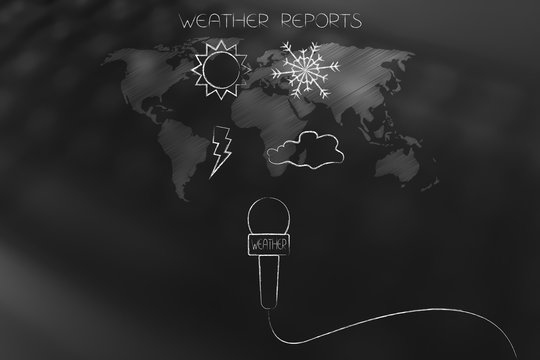 sun snow bolt and cloud icons over world map overlay with news microphone