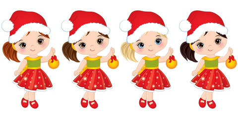 Vector Cute Little Girls Wearing Santa Hats