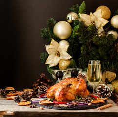 Baked turkey for Christmas or New Year space for text