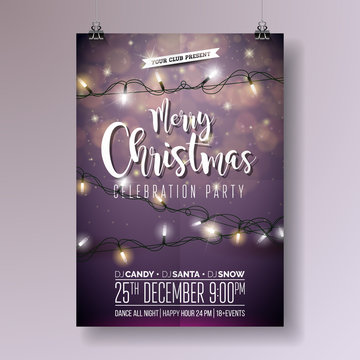 Vector Merry Christmas Party Design with Holiday Typography Elements and Light Garland on Shiny Background. Celebration Fliyer Illustration. EPS 10.