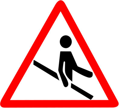 use banister, railing, handrail of the stairs. Red triangle caution warning symbol sign on white background