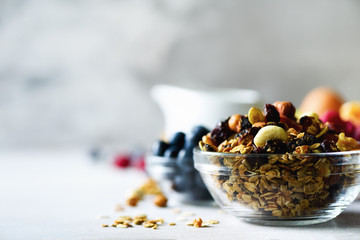 Homemade granola with milk, fresh berries, milk for breakfast. Copy space. Healthy breakfast concept