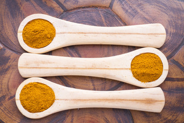 Turmeric powder with spoon on wood background (curcuma longa)