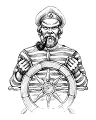 Sailor at helm drawing - obrazy, fototapety, plakaty