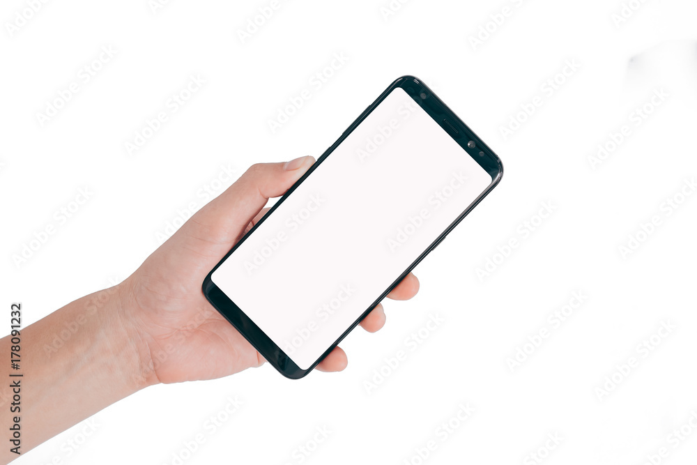 Poster smartphone mock up,hand holding blank white screen mobile phone isolated on white background with cl