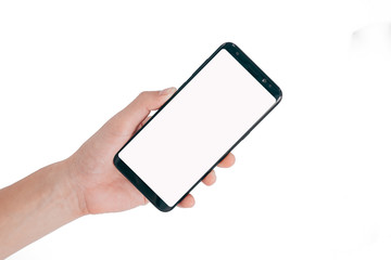 Smartphone Mock up,Hand holding blank white screen mobile phone isolated on white background with clipping path for design