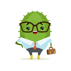 Cute cactus businessman, funny plant character in formal wear with briefcase cartoon vector Illustration