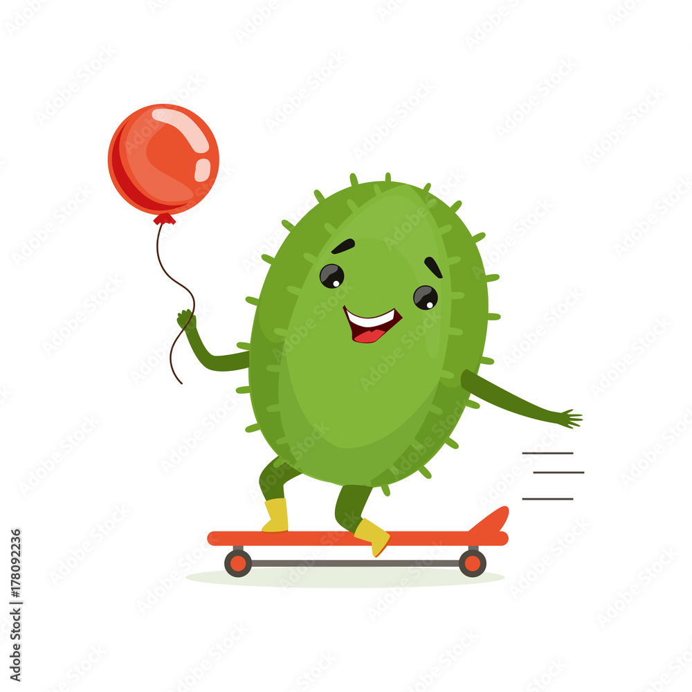 Poster cute cactus skateboarder, funny plant character scatebording with red balloon cartoon vector illustr