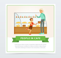 Confectionery shop with visitors, people in cafe banner flat vector elements for website or mobile app