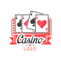 Casino logo, colorful vintage gambling badge or emblem with aces playing cards