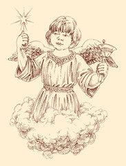 Christmas angel holding a light star and a bell