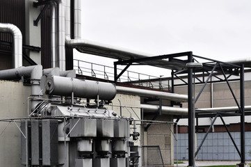 Heavy steel transformer at a biomass power plant