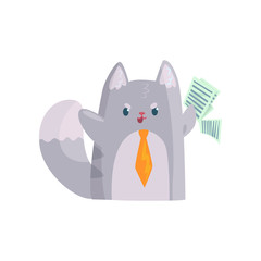 Cute businessman cat with orange tie holding documents, funny animal character cartoon vector Illustration