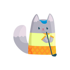 Cute businessman cat playing golf, funny animal character holding golf club cartoon vector Illustration