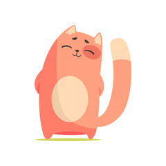 Funny happy red cat standing with his paws folded behind his back, cute cartoon animal character vector Illustration