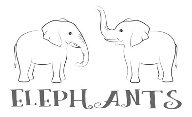 Cartoon Animals, Elephants, Black Contours Isolated on White Background. Vector