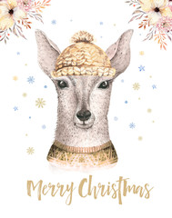 Merry Christmas watercolor card with fawl. Baby deer Happy New Year lettering posters. Nursery winter swowflakes and branch decoration.