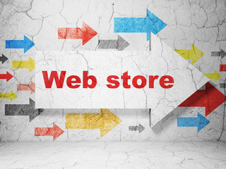 Web design concept:  arrow with Web Store on grunge textured concrete wall background, 3D rendering
