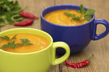 A bright cream soup of pumpkin on a wooden table.