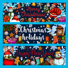 Christmas winter holidays vector sketch banners