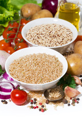 brown rice and quinoa and ingredients for soup, vertical
