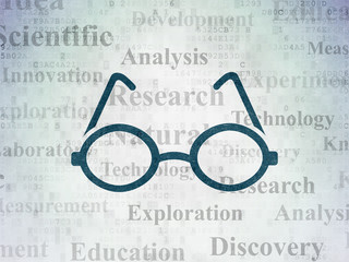 Science concept: Painted blue Glasses icon on Digital Data Paper background with  Tag Cloud