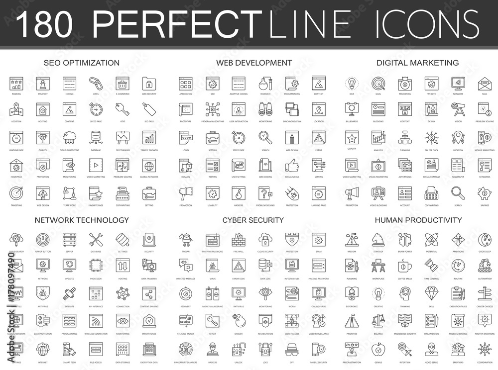 Poster 180 modern thin line icons set of seo optimization, web development, digital marketing, network tech